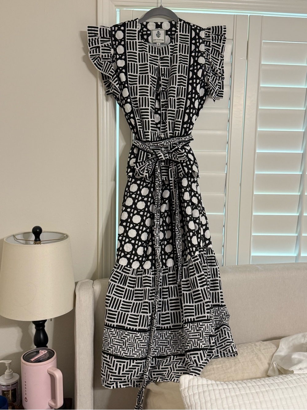 Black & White Patterned Maxi Dress with Tie Waist